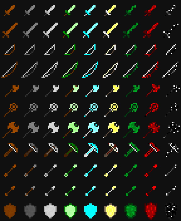 A sprite sheet of pixel 2d rpg weapons